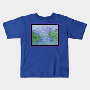 Blue Clouds Green Grass Water Creek Flowers landscape nature window wildlife creatures in clouds swirling Kids T-Shirt